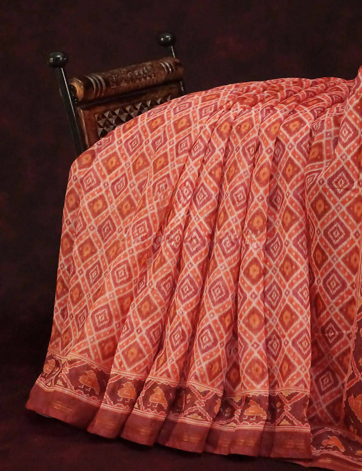 Peachish Orange Diamond Printed Semi Chanderi Saree By Gayathri Reddy Designer Studio | Swadesiicart