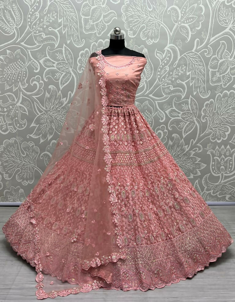 Jyoti Fashion Women's Pink Heavy Net Fancy Dori, Multi Thread, Rainbow Sequins and Diamond Work Wedding Lehenga Choli | Swadesiicart