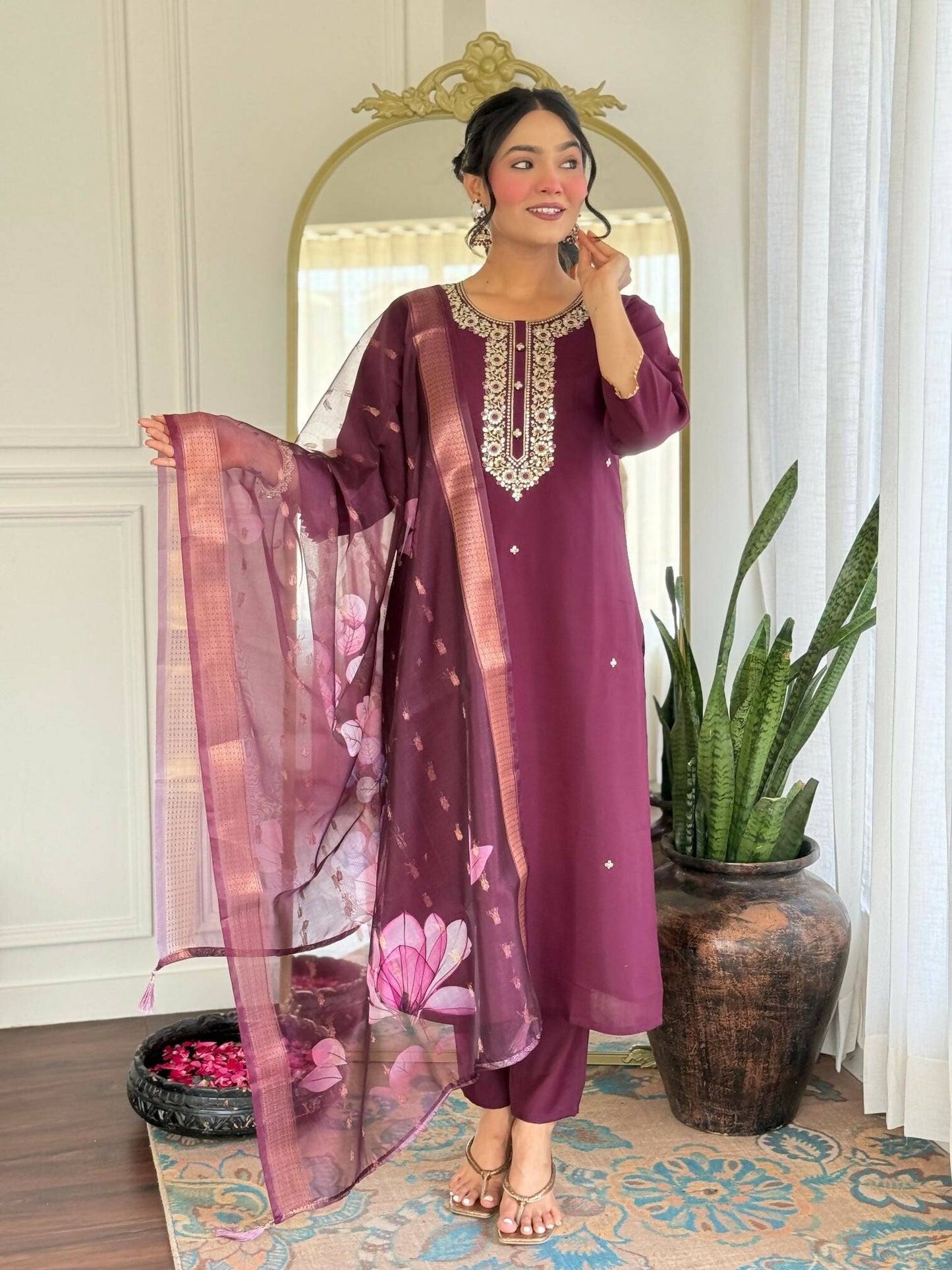 The52 Wine Women's Gorgeous Rayon Fabric Embroidered Work Straight Kurta Pant and Dupatta Set - Swadesiicart