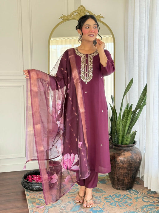 The52 Wine Women's Gorgeous Rayon Fabric Embroidered Work Straight Kurta Pant and Dupatta Set - Swadesiicart