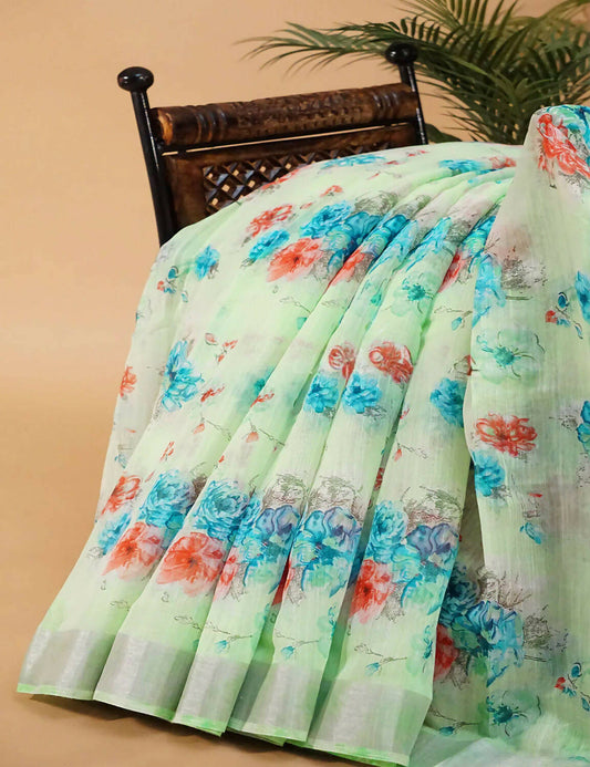 Pastel Green and Blue Digital Prin Semi Chanderi Saree By Gayathri Reddy Designer Studio | Swadesiicart