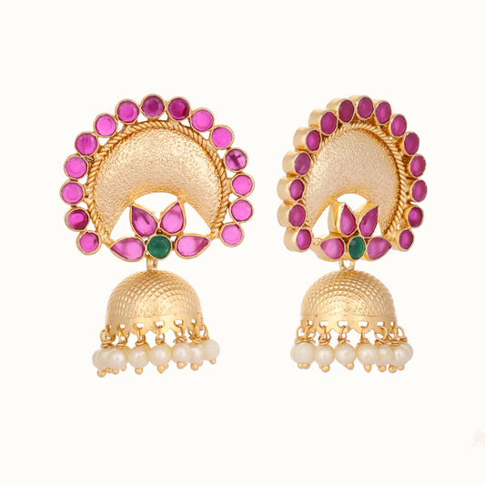 Nuyug 22K Gold Plated Ruby & Pearl Studded Dome Shaped Jhumkas | Swadesiicart