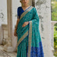 Vishnu Weaves Women's Firozi Raw Silk Thread Ikkat Woven Saree with Blouse - Swadesiicart