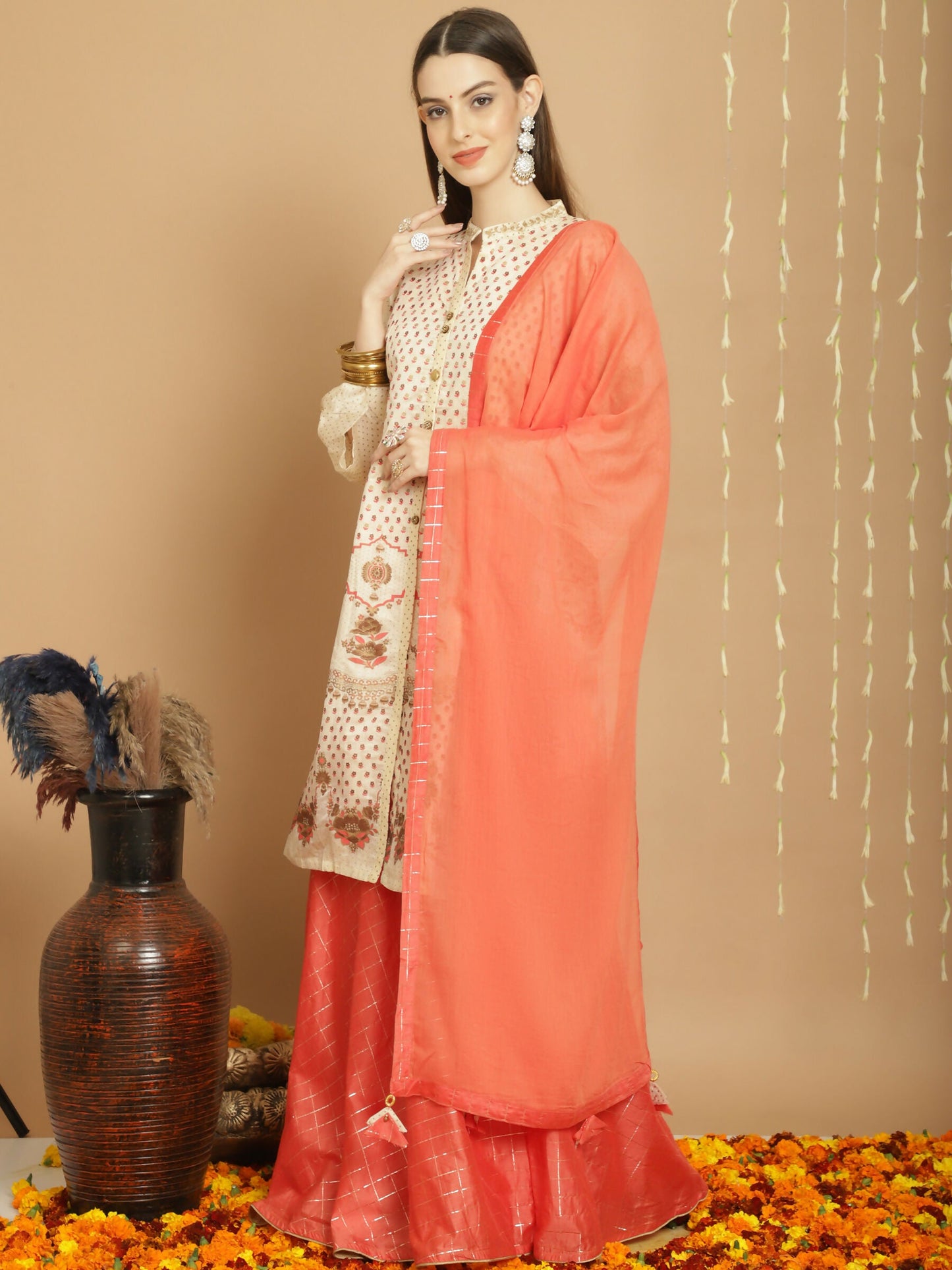 Jyoti Fashion Women's Cream Chanderi Silk Elegant Jardoshi Semi Kurta with Trouser & Dupatta | Swadesiicart
