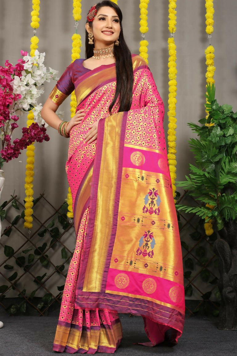 Jyoti Fashion Women's Pink Banarasi Silk Zari Woven Saree with Blouse | Swadesiicart