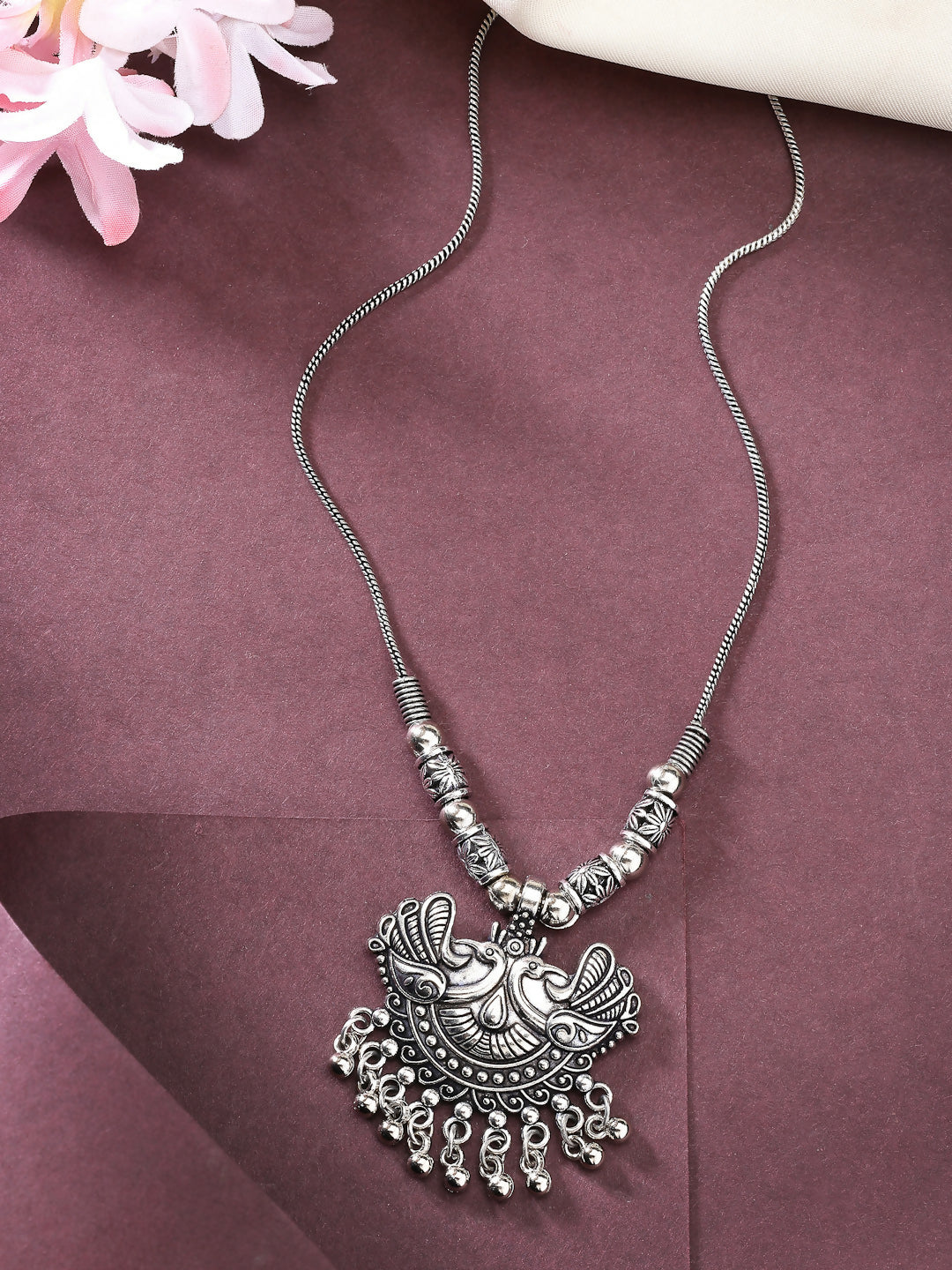NVR Women's Silver-Toned Peacock Design Pendant with Chain | Swadesiicart