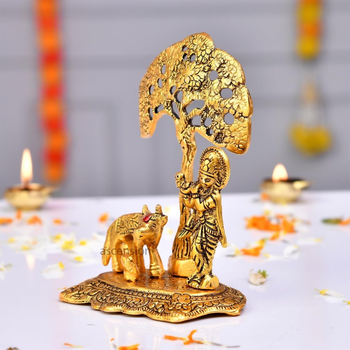 Ascension Designer Metal Cow Calf and Krishna Idol - Swadesiicart