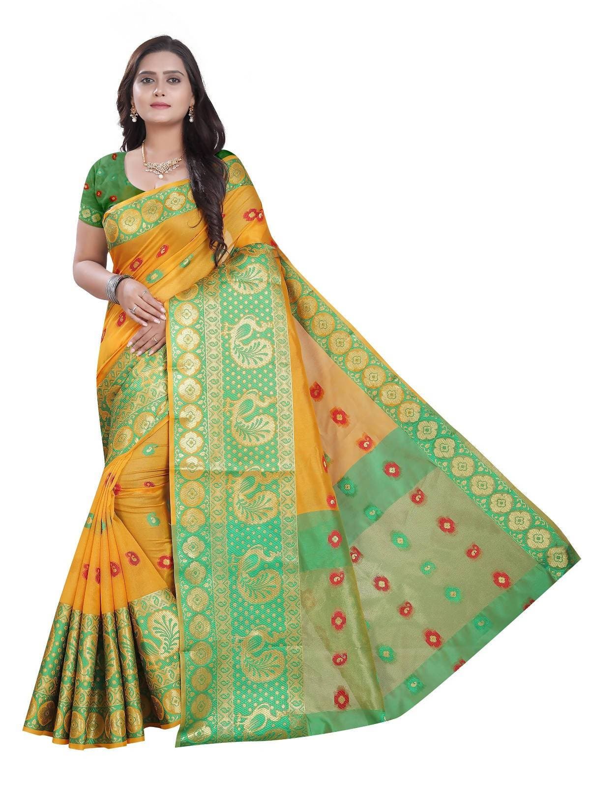 Vamika Banarasi Cotton Silk Yellow Weaving Saree | Swadesiicart