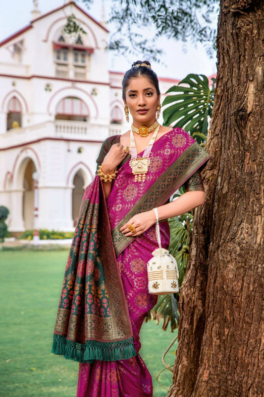 Vishnu Weaves Women's Wine Patola Banarasi Silk Meenakari Zari Woven Saree with Blouse - Swadesiicart