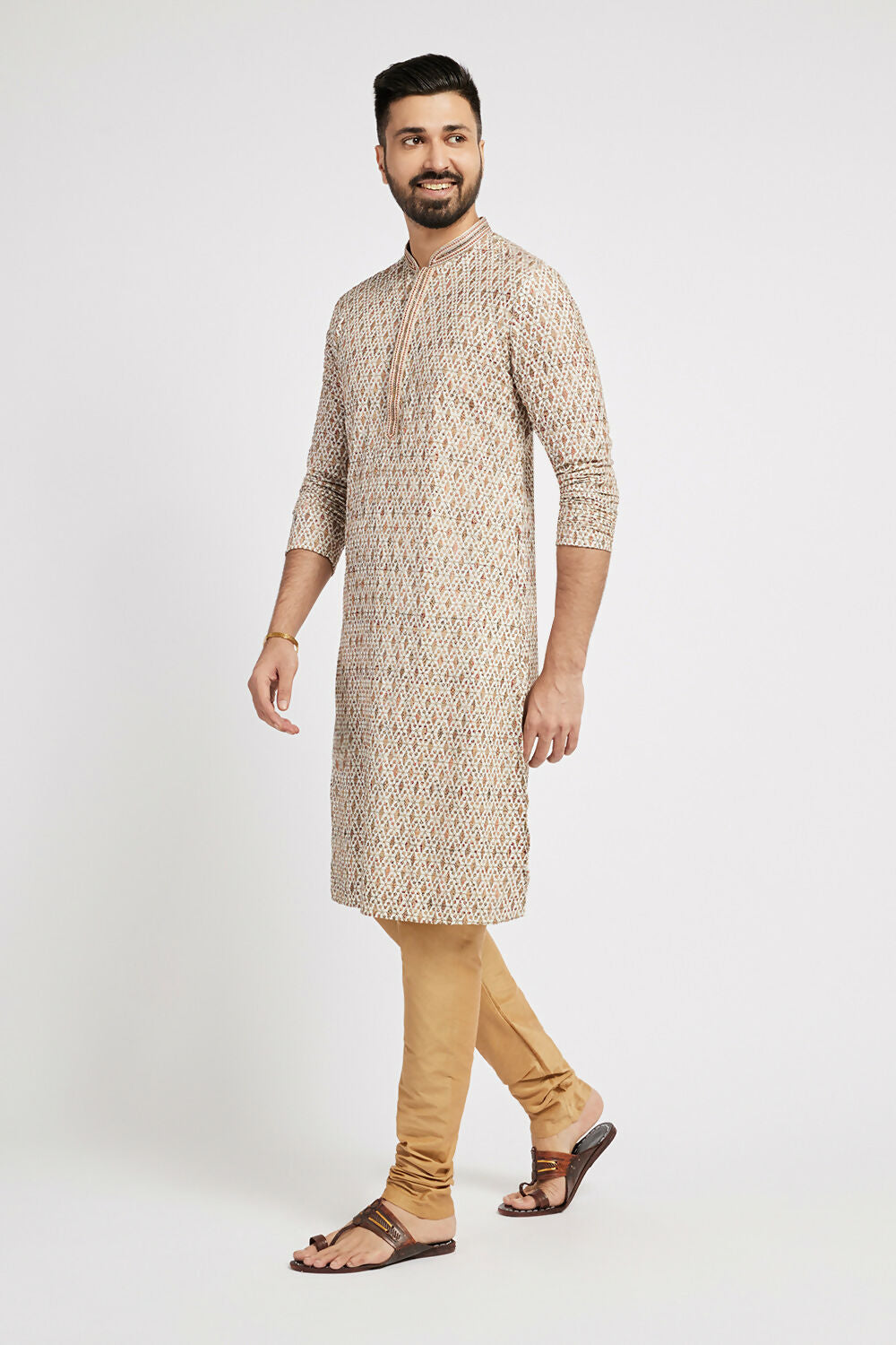 Ethnic India Beige Men's Kurta Embellished Viscose Rayon | Swadesiicart