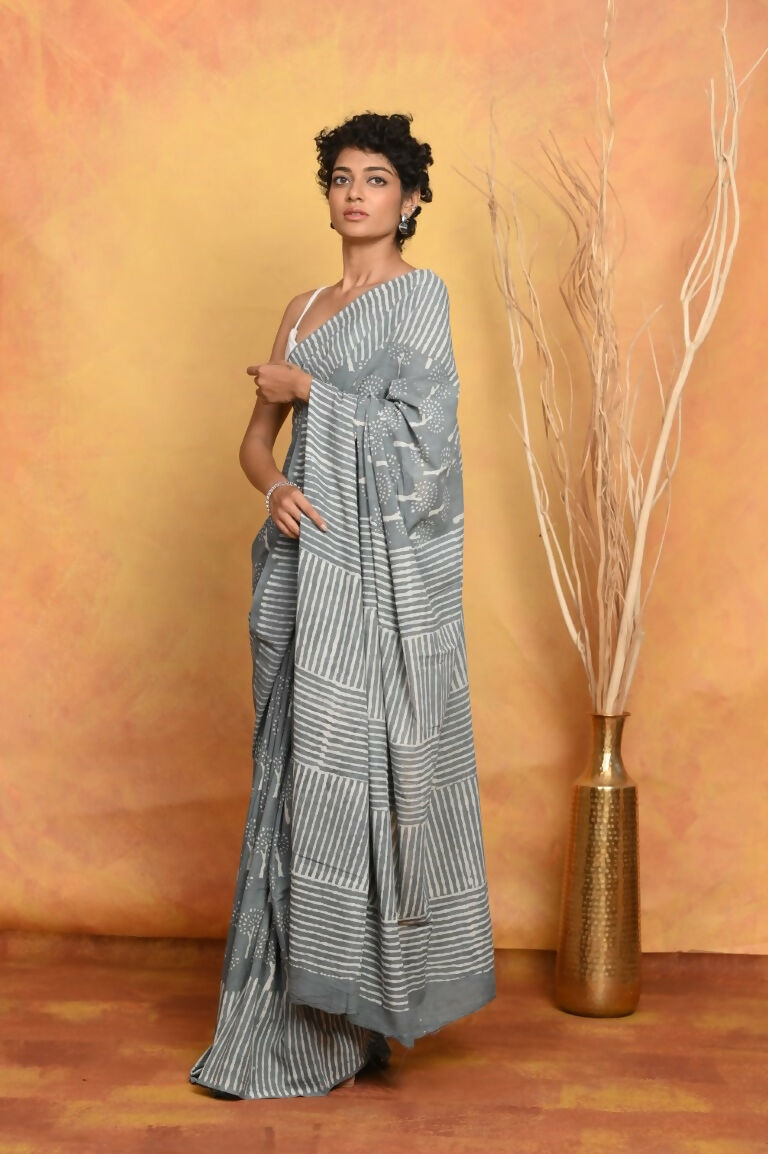 Very Much Indian Handblock Printed Cotton Saree With Natural Dyes - Grey | Swadesiicart