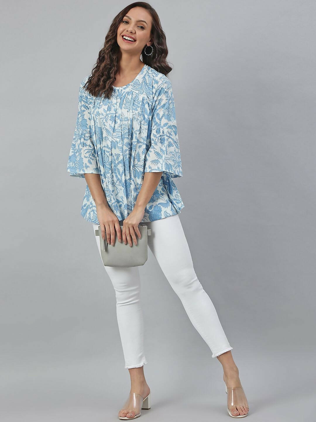 Janasya Women's White Cotton Floral Print Tiered Top | Swadesiicart