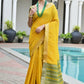 Vishnu Weaves Women's Yellow Raw Silk Patola Zari Woven Saree with Blouse - Swadesiicart
