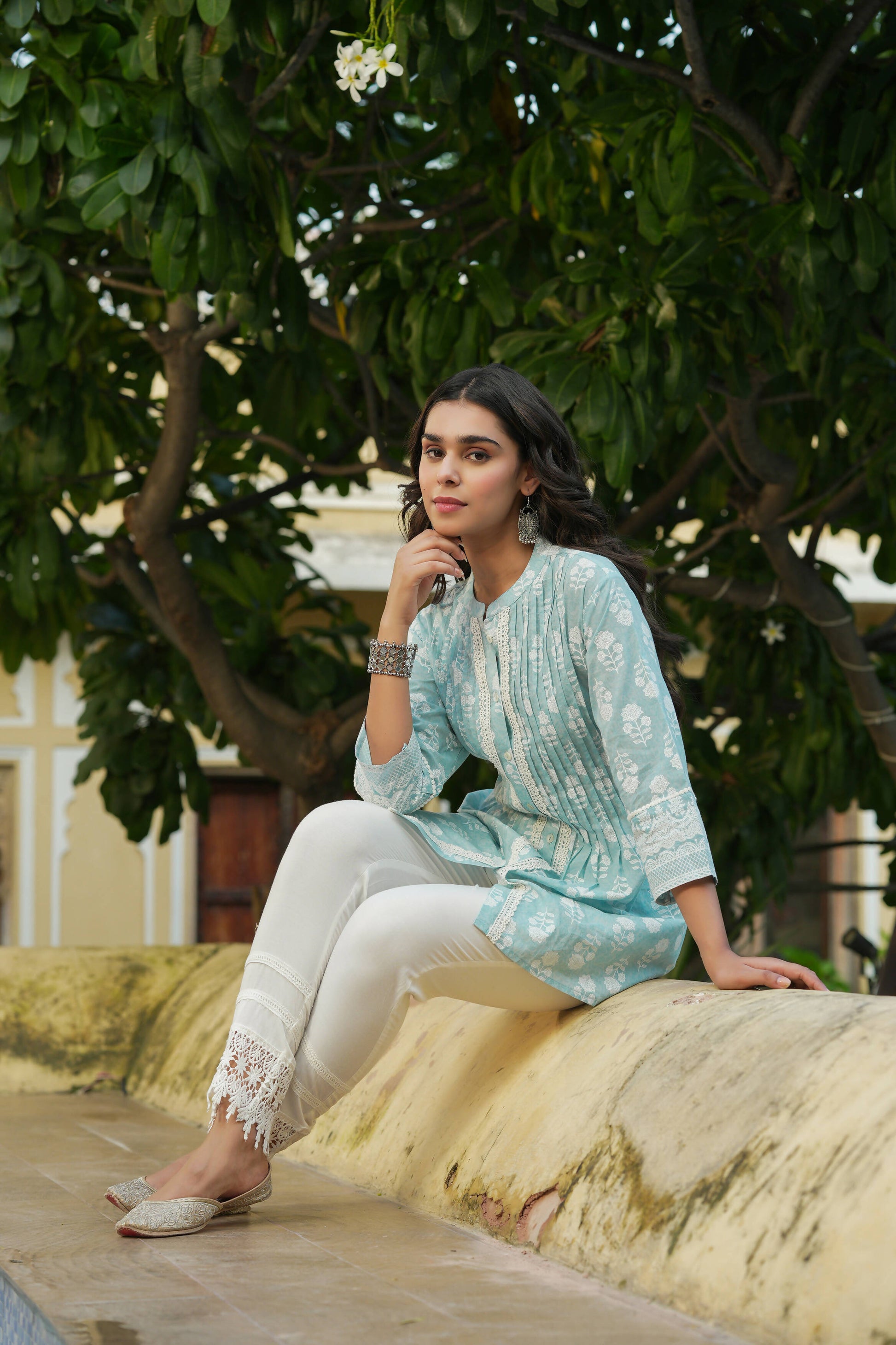 Juniper Women's Skyblue Cambric Placement Floral Printed Tunic | Swadesiicart