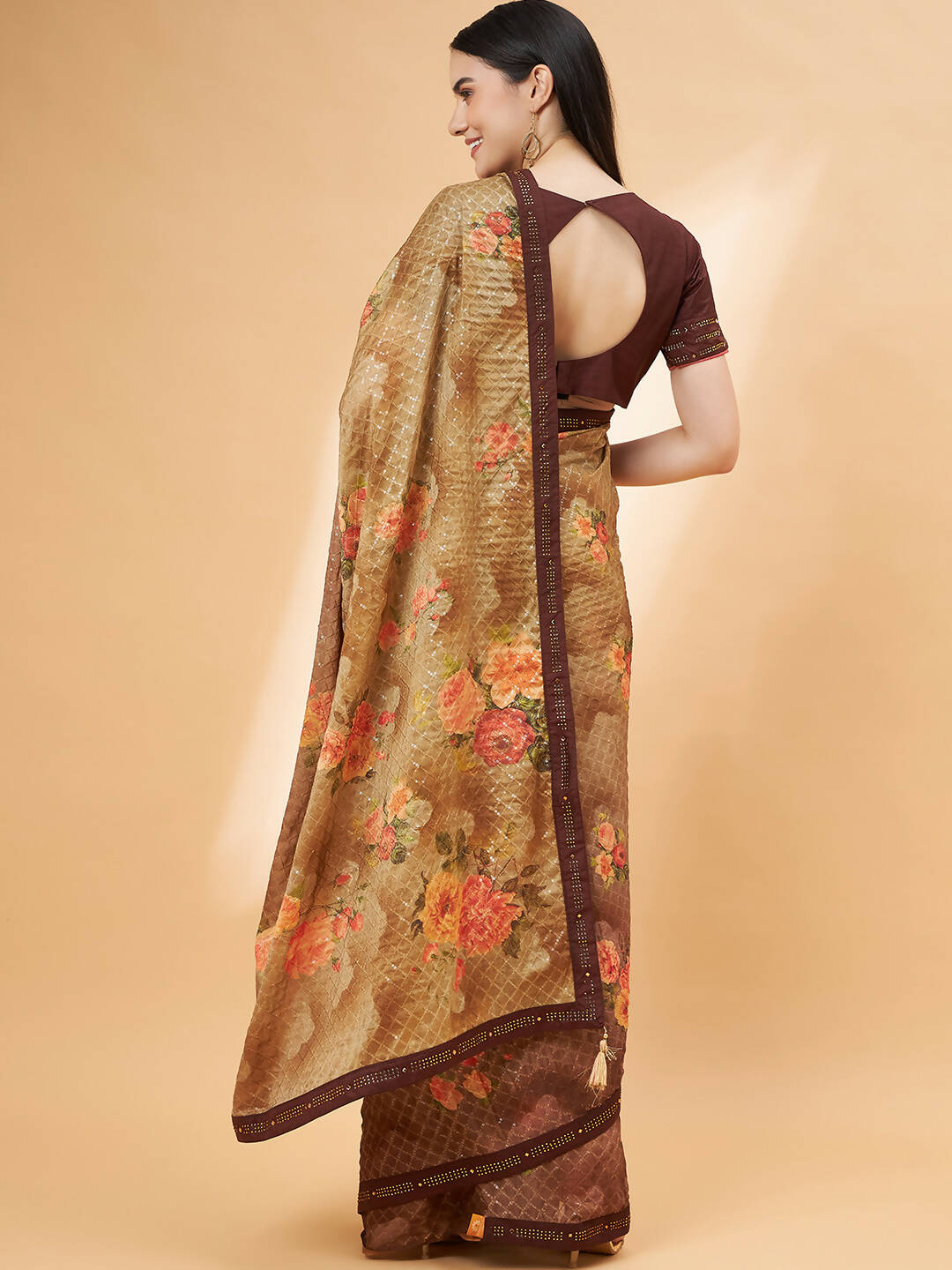 Beige Georgette Resham And Sequins Embroidery, Mukaish Studded Work Saree - Norita Hit Design - Swadesiicart