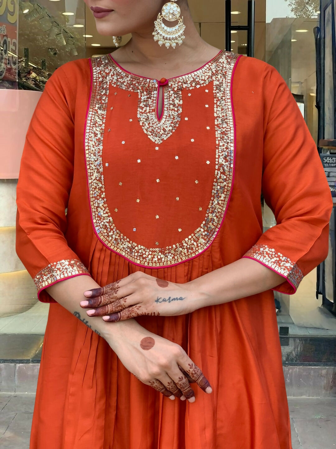 The52 Rust Women's Gorgeous Embroidered Work Chanderi Fabric Flared Kurta Pant and Dupatta Set - Swadesiicart