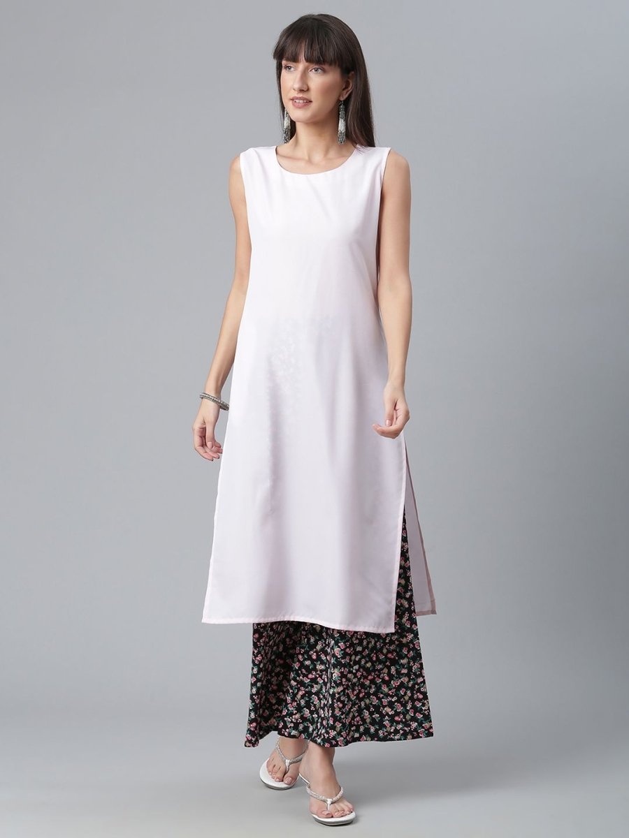 Ahalyaa Light Pink Crepe Solid Kurta And Palazzo Set With Jacket | Swadesiicart