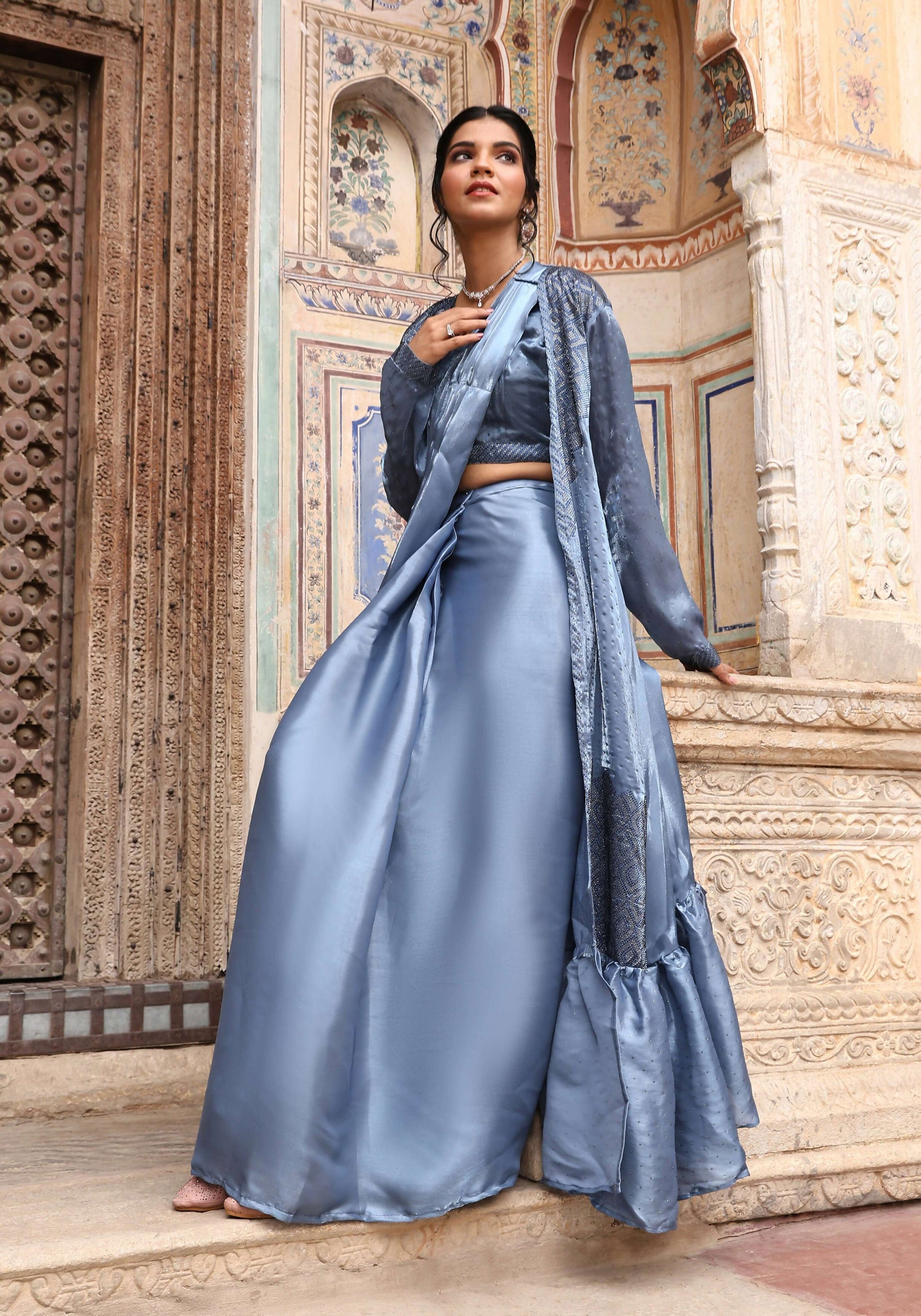 Sky Blue Tom Silk Plain Ready To Wear Saree With Stitched Blouse - Satiksha | Swadesiicart