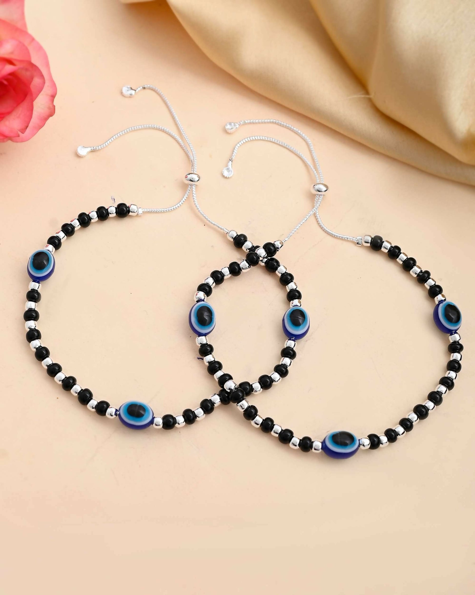 VOJ Set of 2 Silver Plated Evil Eye With Black And Silver Beads Anklet - Swadesiicart