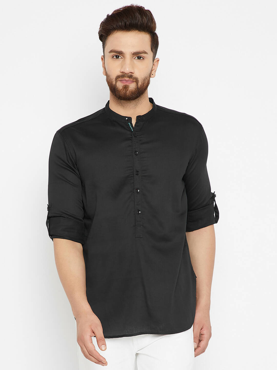 Even Apparels Black Pure Cotton Men's Kurta With Band Collar | Swadesiicart
