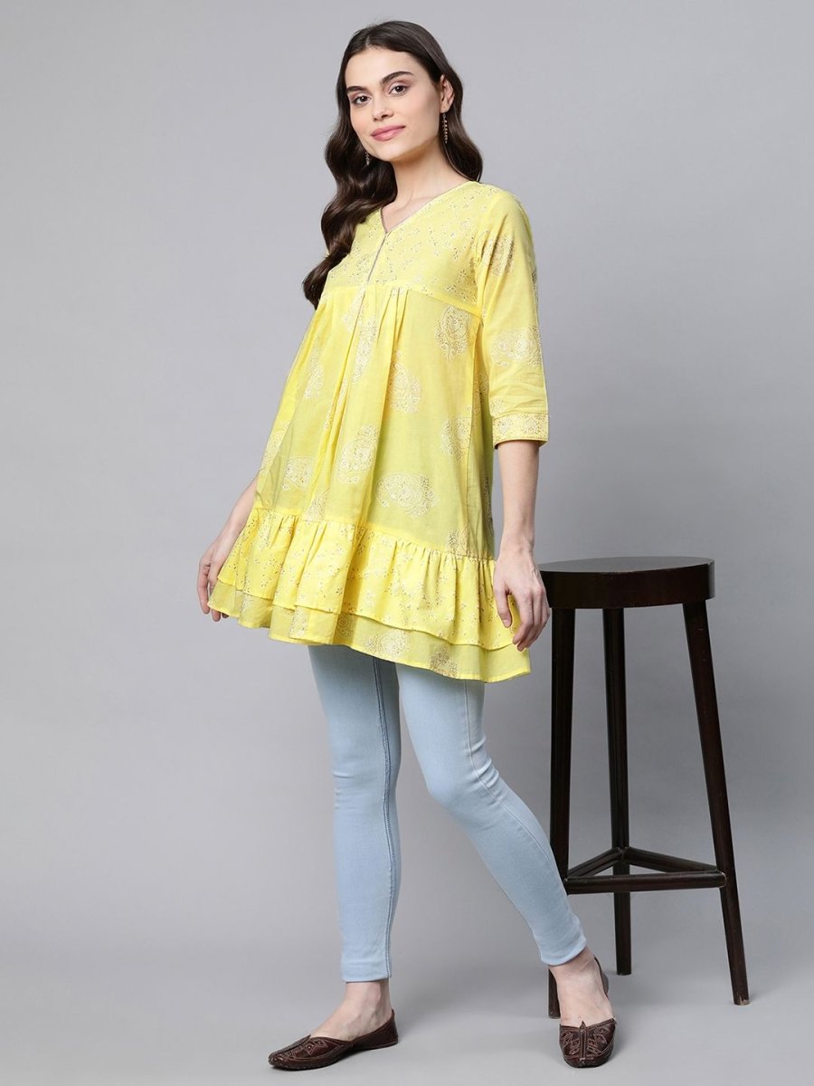 Ahalyaa Women Yellow Cotton Printed Tunic | Swadesiicart