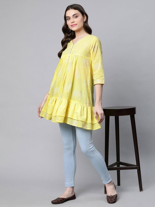 Ahalyaa Women Yellow Cotton Printed Tunic | Swadesiicart