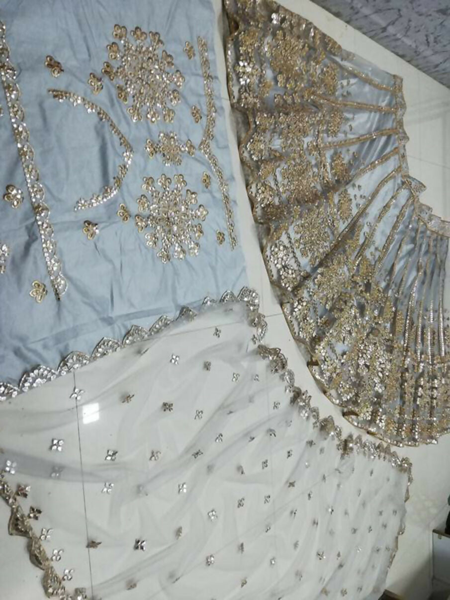 Jyoti Fashion Glamorous Grey Zari With Paper Mirror Embroidered Net Lehenga Choli with Dupatta | Swadesiicart