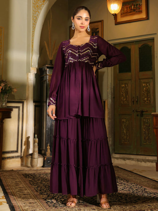 Janasya Purple Georgette Sequined Tunic & Bottom | Swadesiicart