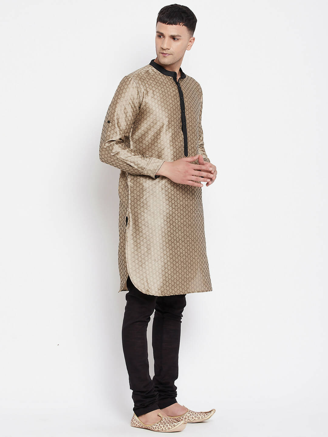 Even Apparels Beige Art Silk Men's Kurta With Contrast Collar And Placket | Swadesiicart