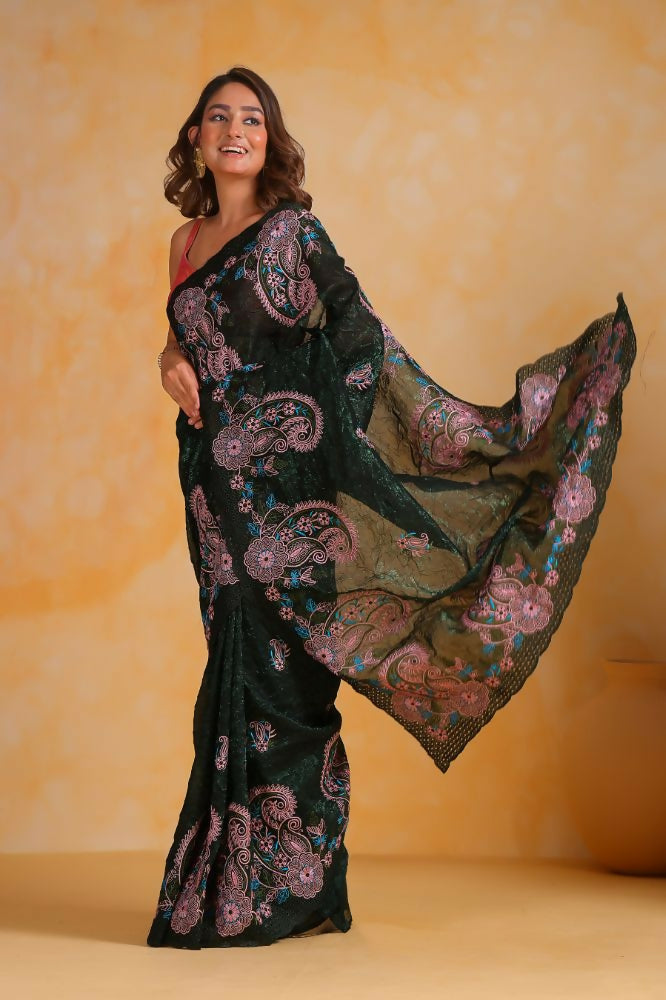 Vamsee Suhanisha Green Korean Shimmer Silk Saree - Swadesiicart
