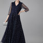 Ahalyaa Navy Blue Net & Crepe Silver Toned Polka Dots Printed Maxi Dress | Swadesiicart