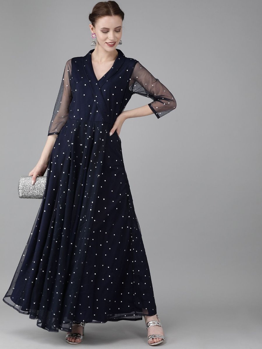 Ahalyaa Navy Blue Net & Crepe Silver Toned Polka Dots Printed Maxi Dress | Swadesiicart