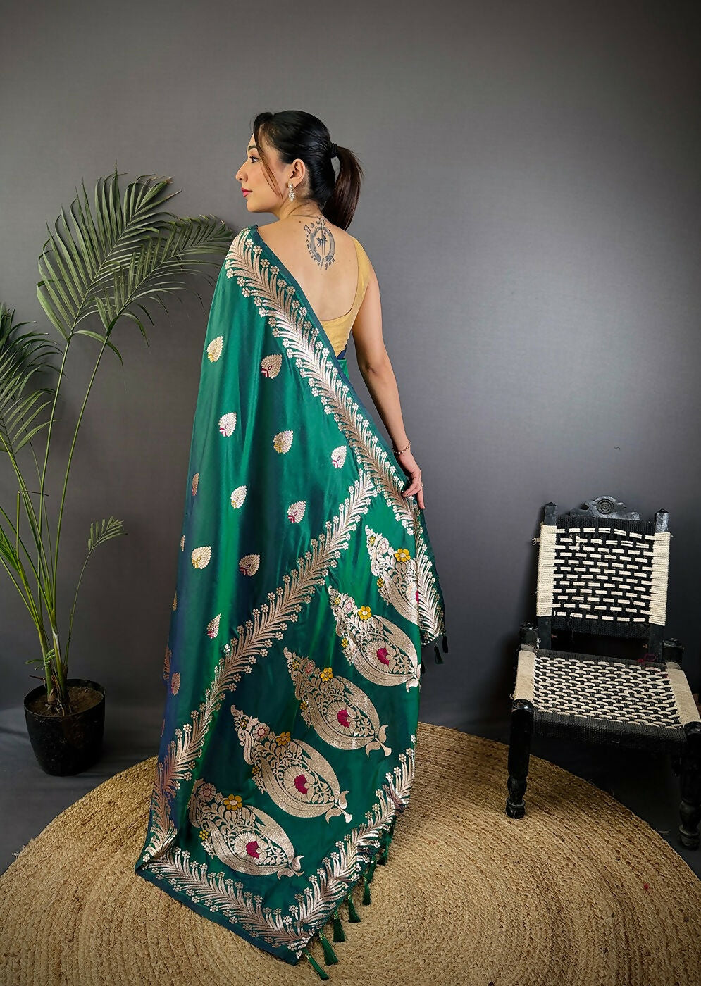 Joban Fashion Banarasi Dusty Teal Woven Soft Silk Saree | Swadesiicart