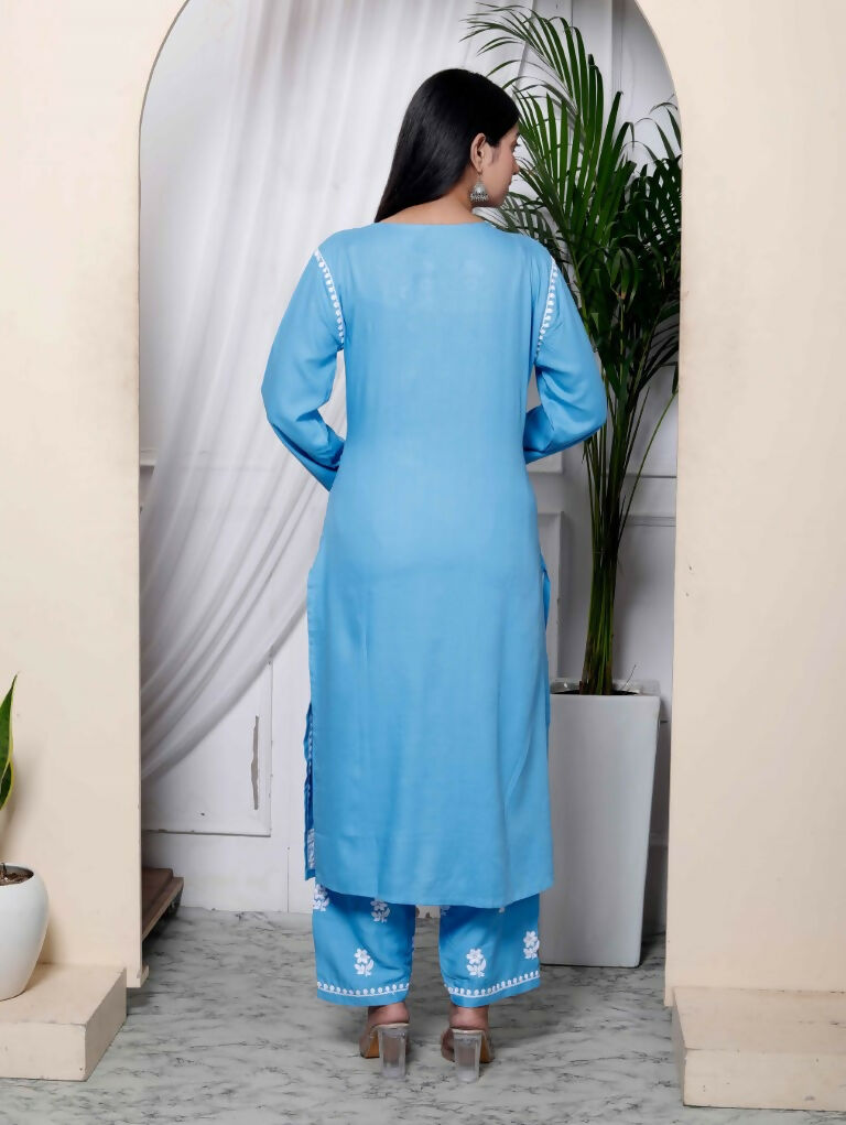 Miravan Women's Chikankari Embroidery Sky Blue Straight Kurta And Palazzo | Swadesiicart