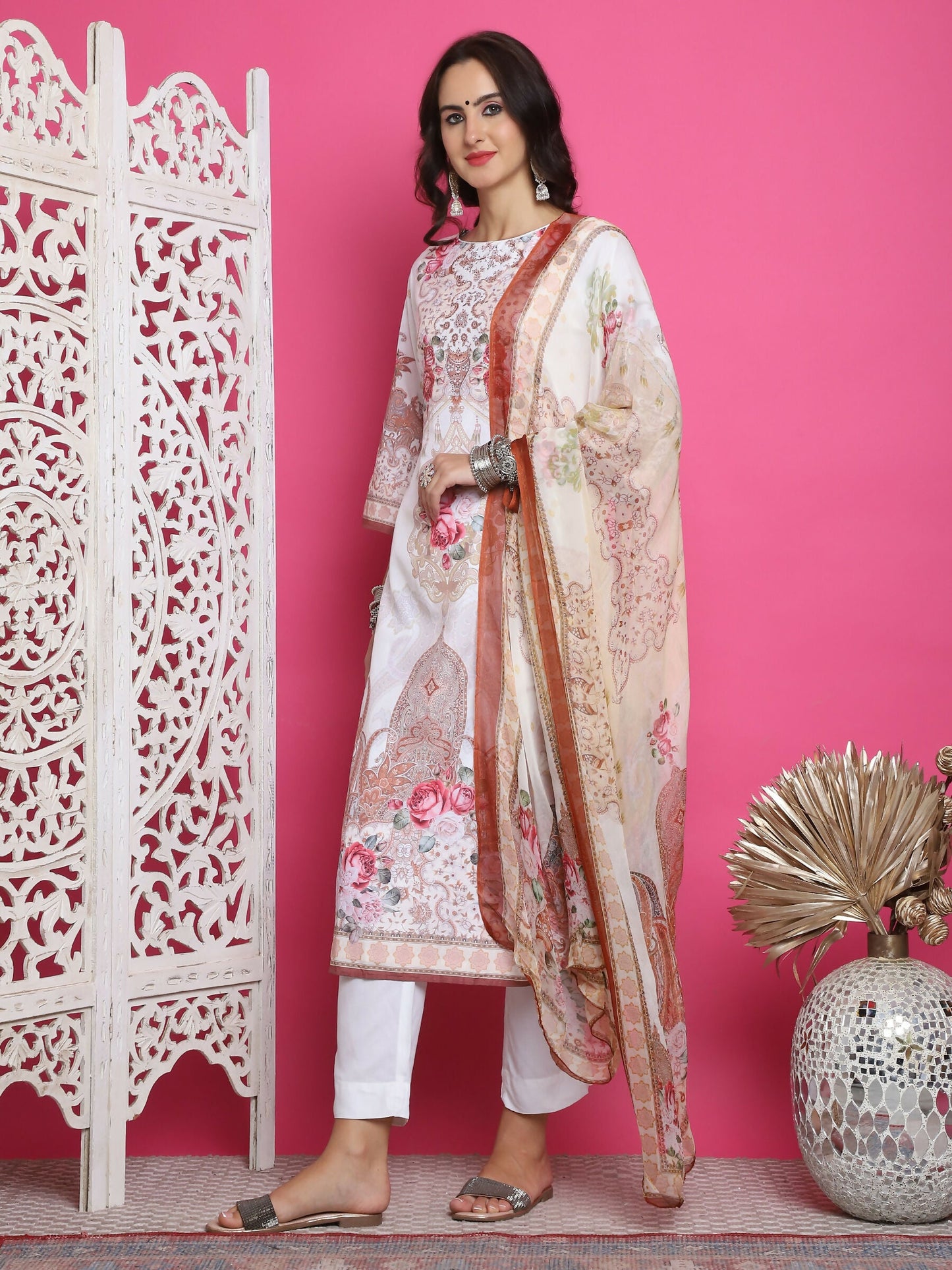 Jyoti Fashion Women's Cream Satin Traditional Digital Print with Crystal work Kurta with Trouser & Dupatta | Swadesiicart