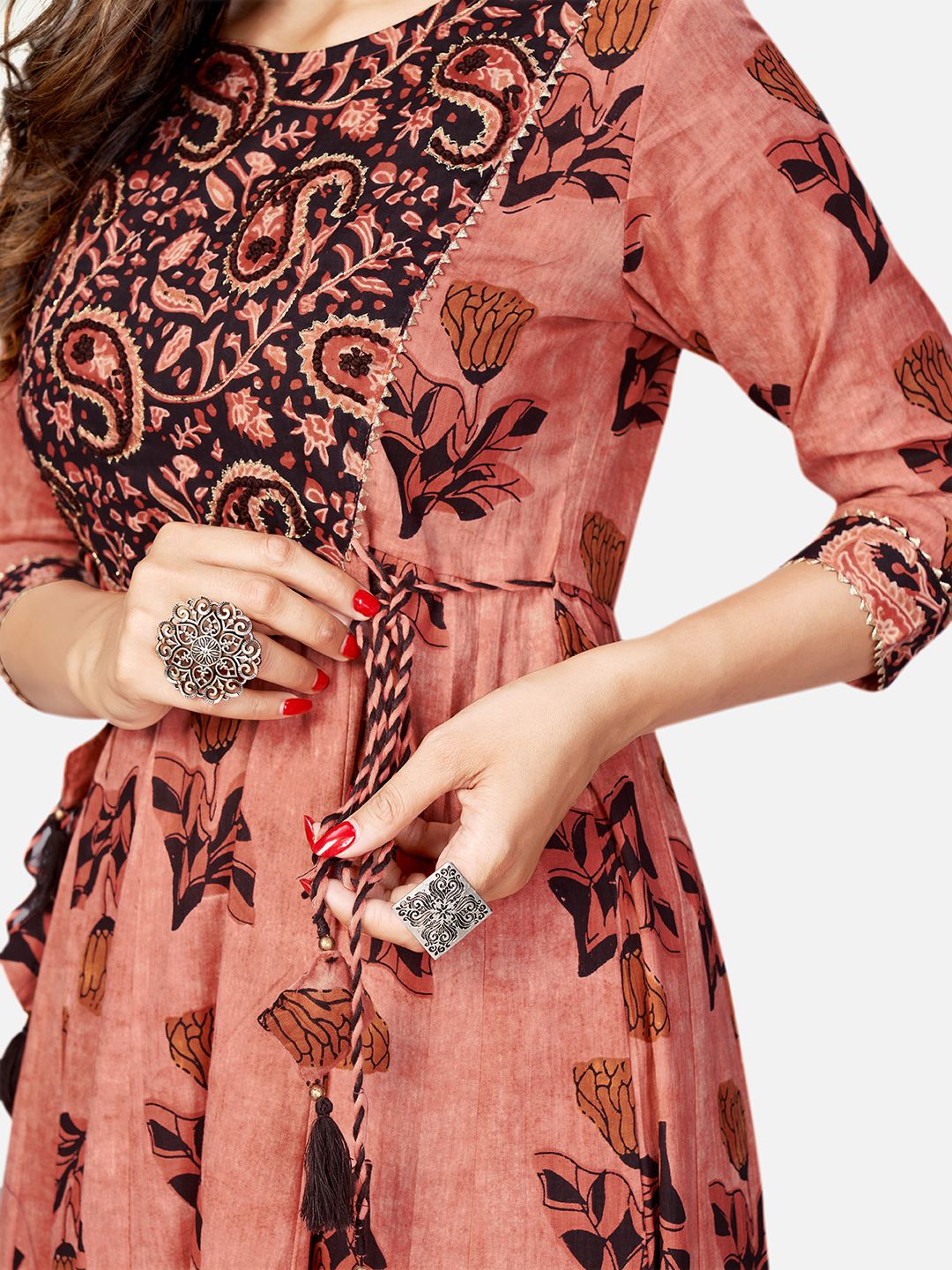NOZ2TOZ Women's Printed & Hand Work Anarkali Cotton Brown Kurta (1Pc) - Swadesiicart