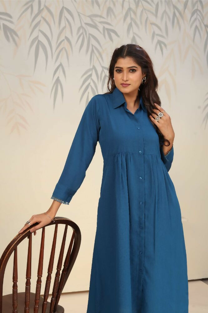 Jyoti Fashion Women's Blue Rinkal Cotton Plain with Side Pocket Kurtis & Sets | Swadesiicart