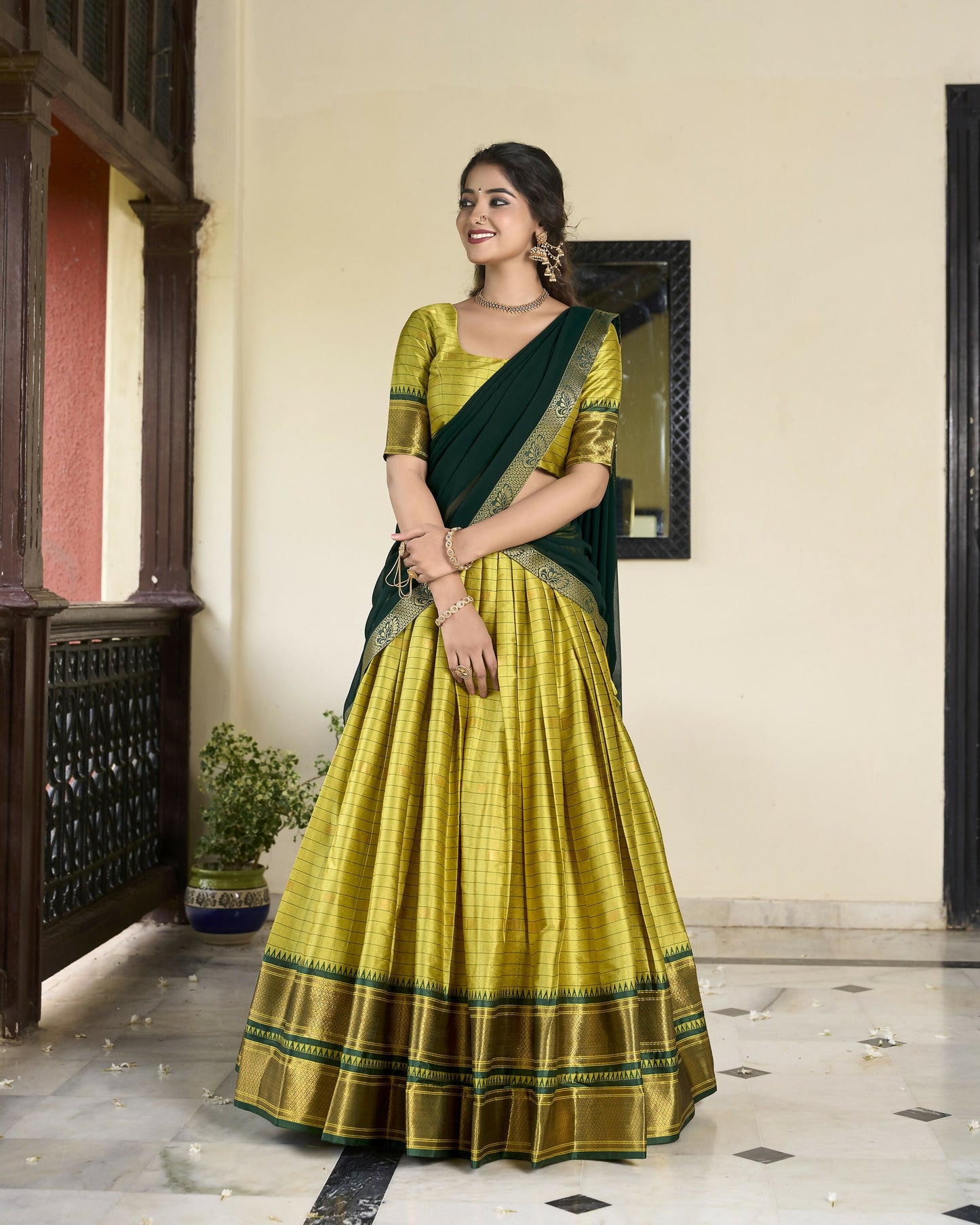 Lorenvalley Parrotgreen Cotton Silk Weaving Work With Paithani Concept Lehenga Choli | Swadesiicart