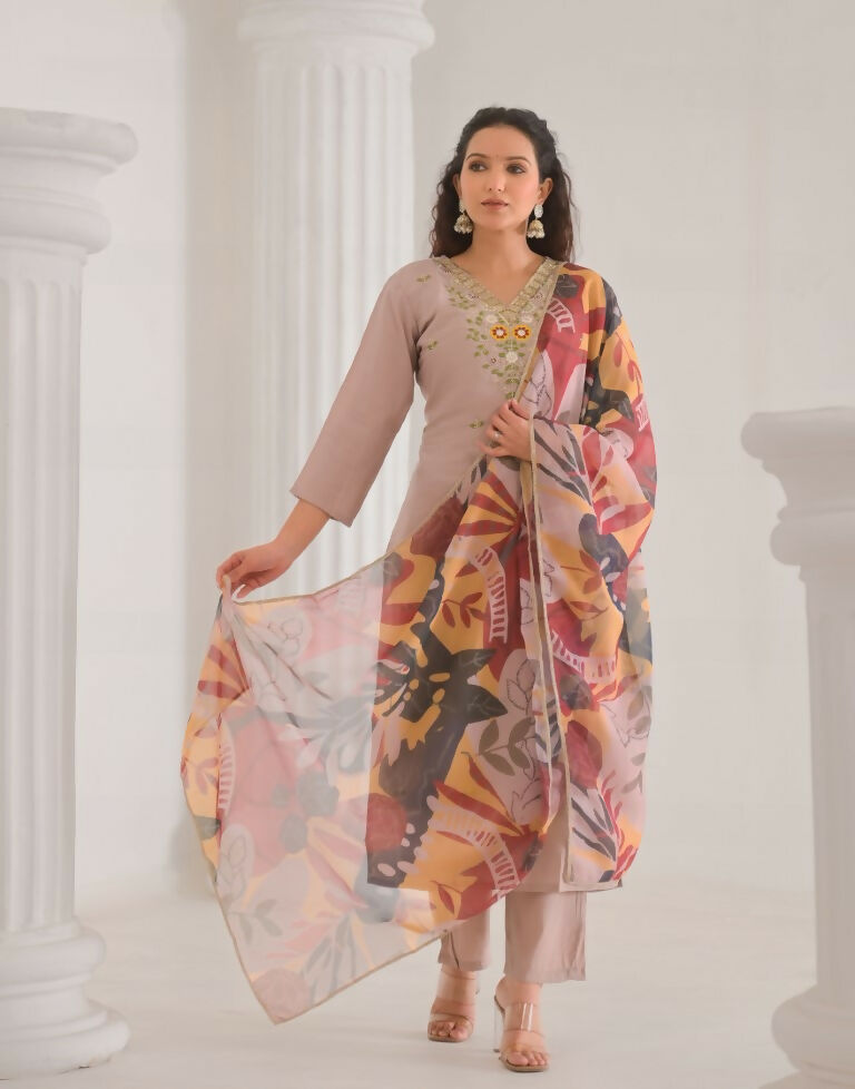 Ethnic Festive Wear Chanderi with Cotton Lining Beige Stitched Suit With Dupatta - Tanisha | Swadesiicart
