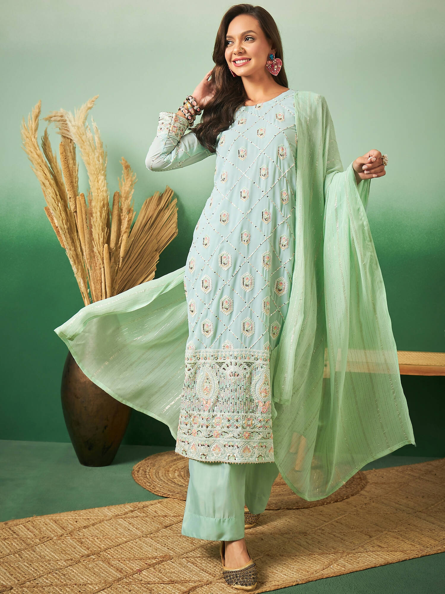 Sea Green Georgette Handwork Unstitched Dress Material - Hanika | Swadesiicart