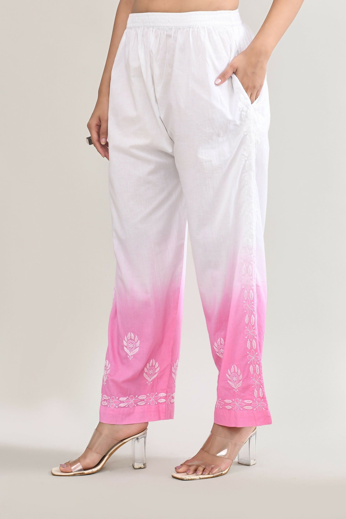 Joban Fashion Womens Cotton ChikanKari Pink & White Cord set - Swadesiicart