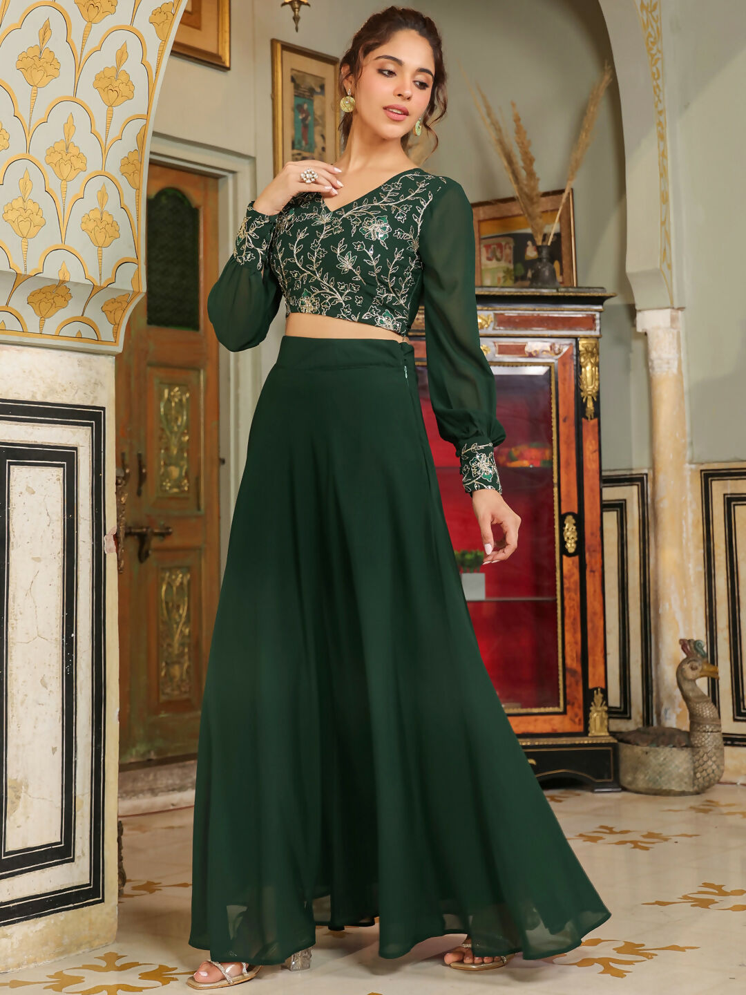 Janasya Dark Green Georgette Embroidered Top & Skirt | Swadesiicart