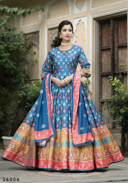 Wedding Designer Blue Soft Dola Silk Anarkali suit with Dupatta - Samanta - Swadesiicart