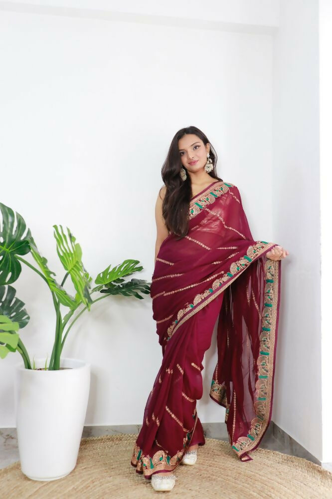 Vamsee Aaradhna Maroon Georgette Saree - Swadesiicart