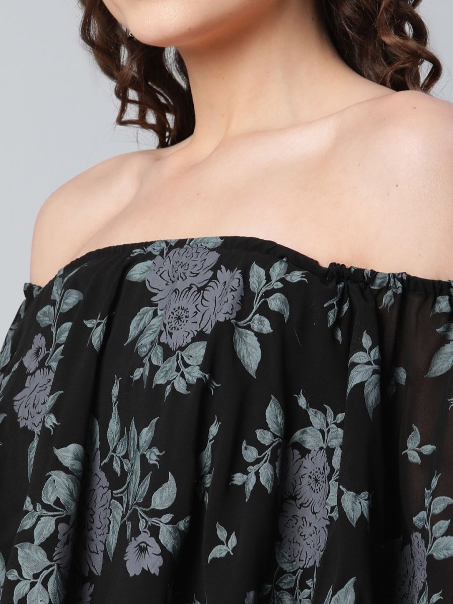 Ahalyaa Women Crepe Printed Black Dress | Swadesiicart