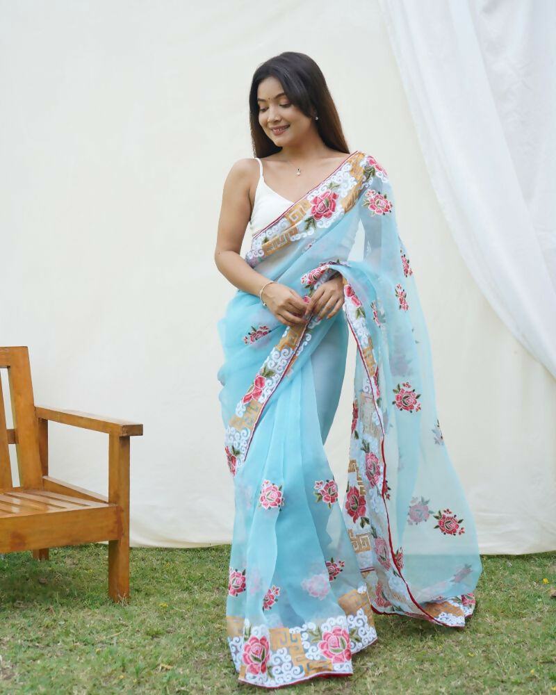 Vamsee Nagma Sky Organza Saree - Swadesiicart
