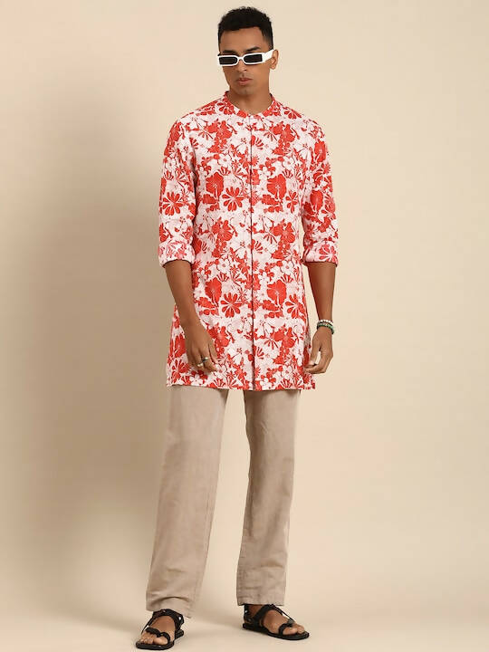 Red & White Men pure Cotton Floral Printed Straight Kurta - Mahotsav | Swadesiicart