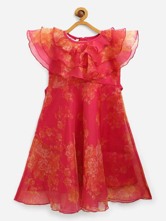 Ahalyaa Pink Organza Digital Print Kids Dress Kurta For Girls | Swadesiicart