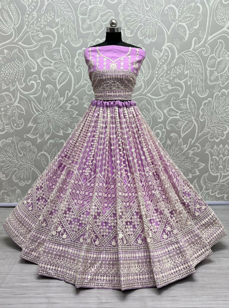 Jyoti Fashion Women's Mauve Net Patterned Thread Embroidered with Sequins Wedding Lehenga Choli | Swadesiicart
