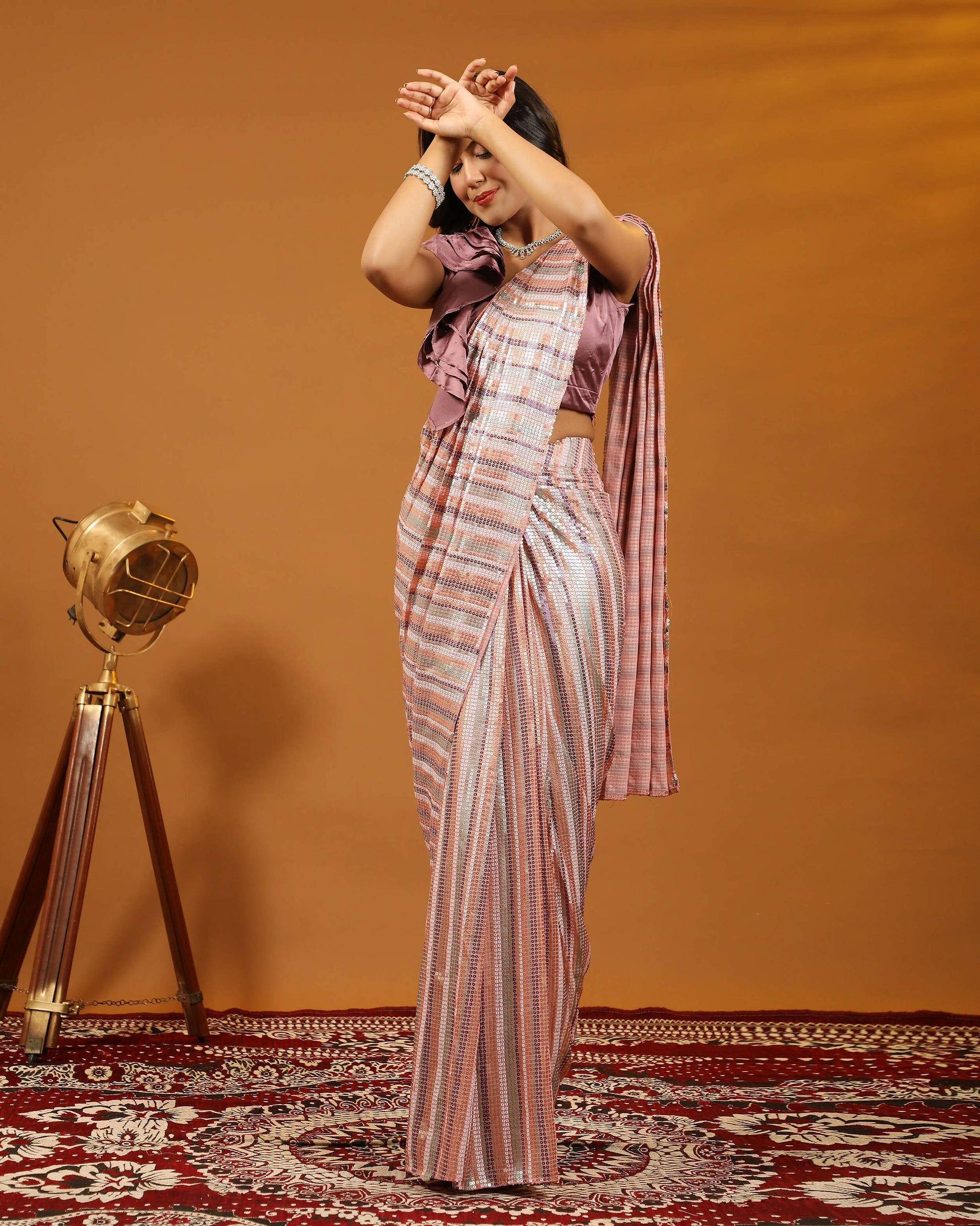 Pink Pure Georgette Sequence work Ready to wear Saree with stitched Blouse - Satiksha | Swadesiicart